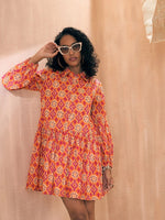 Women Orange Ikat Print Front Button Shirt Tiered Dress