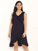 Overlap Dress with frill at neck and hem in Purple