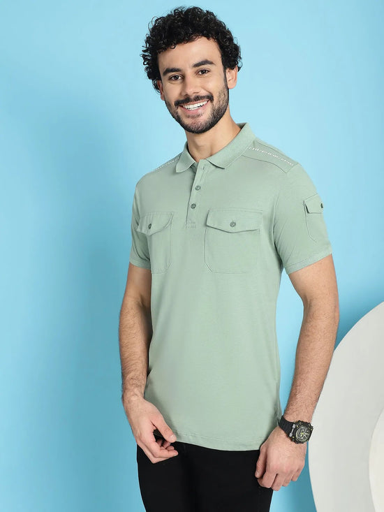 Venitian Men Double Mercerised 3 Pocket Cargo Green Polo Neck T-Shirt for Men