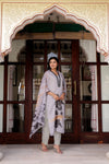 Vaasva Women Grey Tabby Slik Print & Embroidered Kurta, Pant & Dupatta Straight