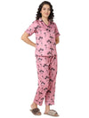 Smarty Pants Women's Silk Satin Pink Color Palm Tree Printed Night Suit