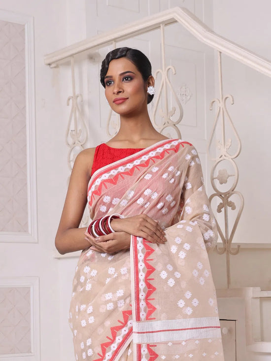 Beige Cotton Handwoven Jamdani Saree-MA64JM401380032