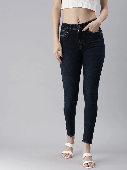 Women's Blue Solid Denim Slim Jeans-GZ-5162-Blue