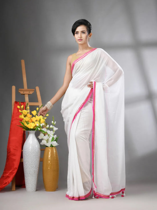 White Mul Cotton Soft Saree With Gota Patti Borders-MA62MCT33880008