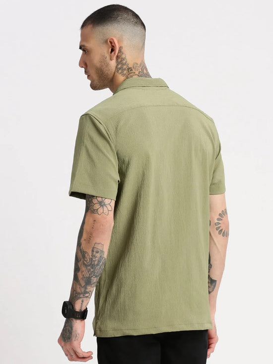 Men Cuban Collar Solid Green Casual Shirt-FELCO-2205-Green