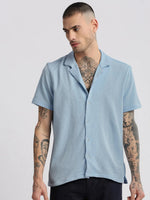 Men Cuban Collar Solid Blue Casual Shirt-FELCO-2202-Blue