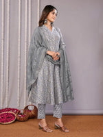 Navyaa Women's Cotton Blend Printed Anarkali Kurta Pant With Dupatta-Me221-mggrey-skd