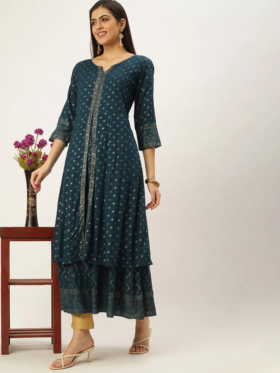 Women's Teal Printed Anarkali Kurtas-AT-A378-LG-Teal