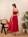 Women Red Schiffli Strappy Tiered Maxi Dress