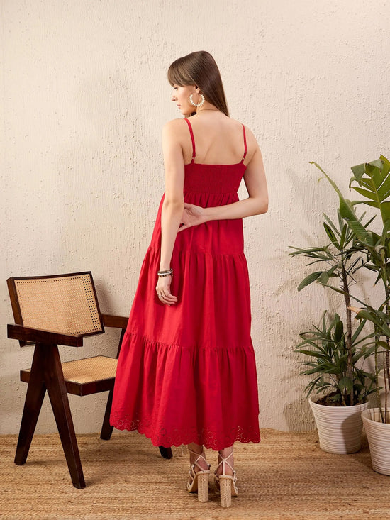 Women Red Schiffli Strappy Tiered Maxi Dress