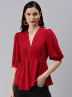 Women's Red Solid Top-AE-10281-Red