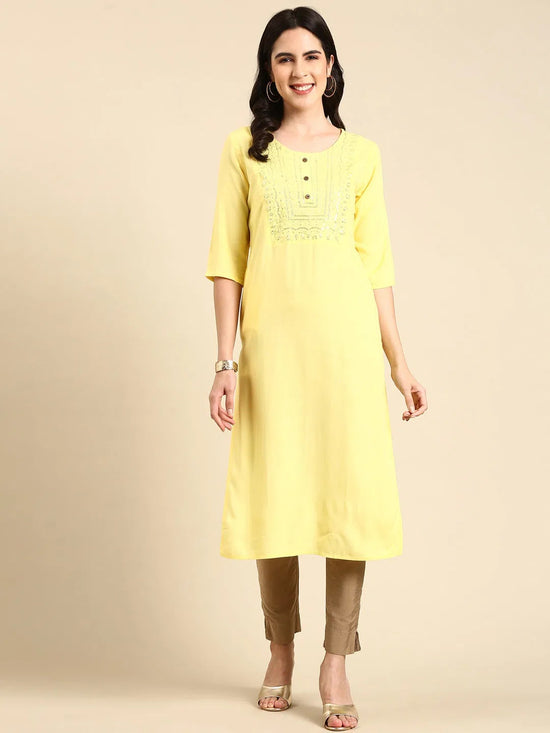 Women's Yellow Embellished Straight Kurta-NJ-3468222-Yellow