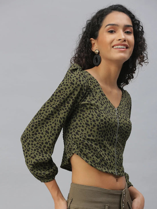 Women's Green Printed Tops-AE-10312-Oliveblack