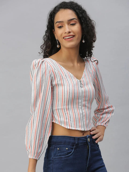 Women's Peach Striped Crop Tops-AE-10311-Peachwhite