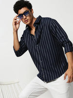 Men Navy Striped Casual Casual Shirts-YARROWSTRIPE-5635-Navyblue