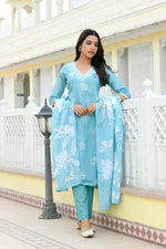 Vaasva Women Blue Kota Doria Embroidered Solid Kurta Set With Solid Pants & Printed Dupatta-144-Vaas-Blue