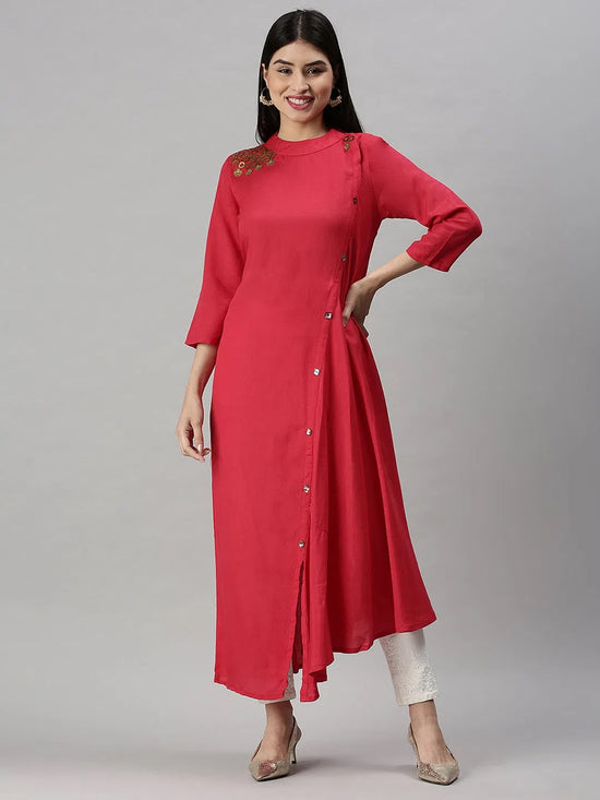 Women's Pink Solid A-Line Kurta-DWBR09-Pink