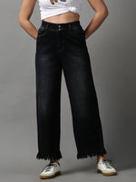 Women's Black Solid Wide Leg Denim Jeans-IM-9772-Black