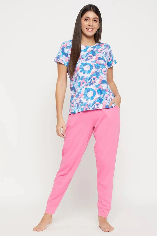 Clovia Tie Dye Print Top in Sky Blue & Solid Joggers in Pink - 100% Cotton