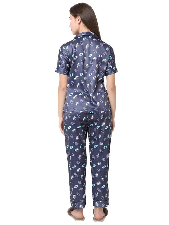 Smarty Pants Women's Silk Satin Blue Color Evil Eye Print Night Suit