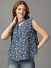 Women's Blue Printed Top-AE-10368-Teal