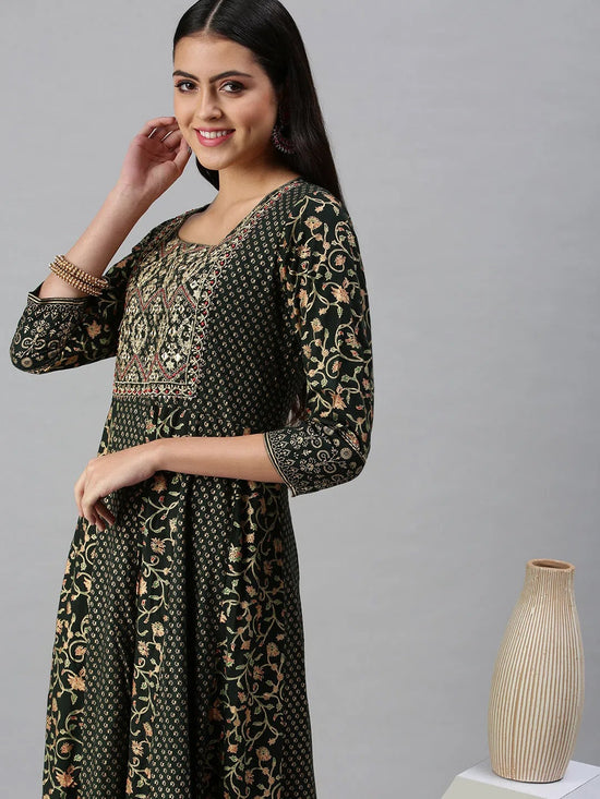 Women's Green & Gold Printed Anarkali Kurta-RF1394-Green-Gold