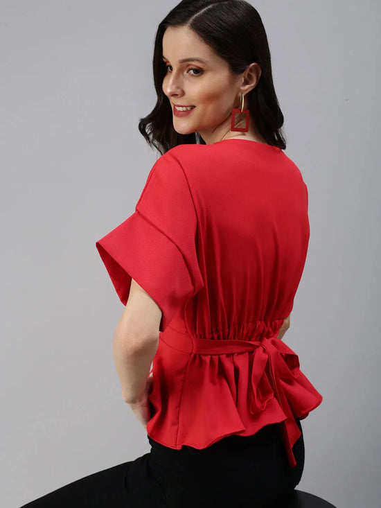 Women's Red Solid Top-SH-3563-Red