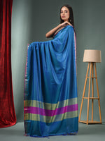 Cobalt Blue Blended Silk Handwoven Saree With Temple Zari Border-MA50BSL01660151