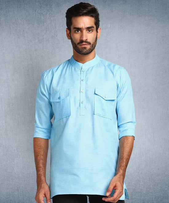 Hangup Men Standard Solid Men's Indian Wear-Sky_2Pkt_Short_2Kurta