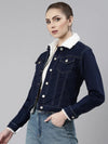 Women Navy Blue Solid Denim Jacket-LT-15903-Navyblue