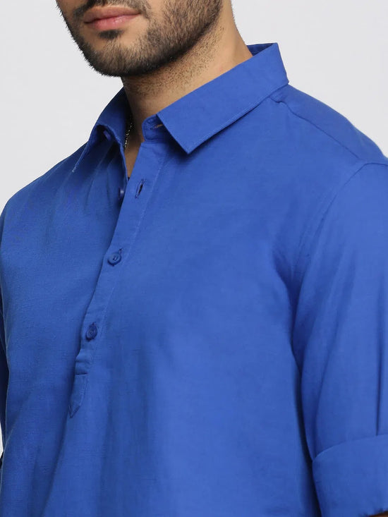 Men Blue Solid Shirt Collar Casual Short Kurta-LAGOM-2006-Blue