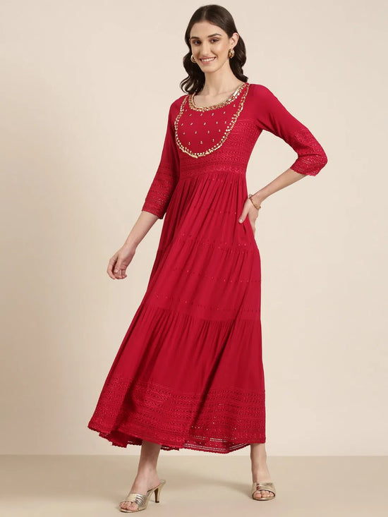 Women Maroon Embellished Fit and Flare Kurta-GW-3825-Maroon