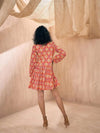 Women Orange Ikat Print Front Button Shirt Tiered Dress