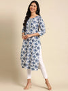 Women's White Printed Straight Kurta-AT-A-671-Whiteblue