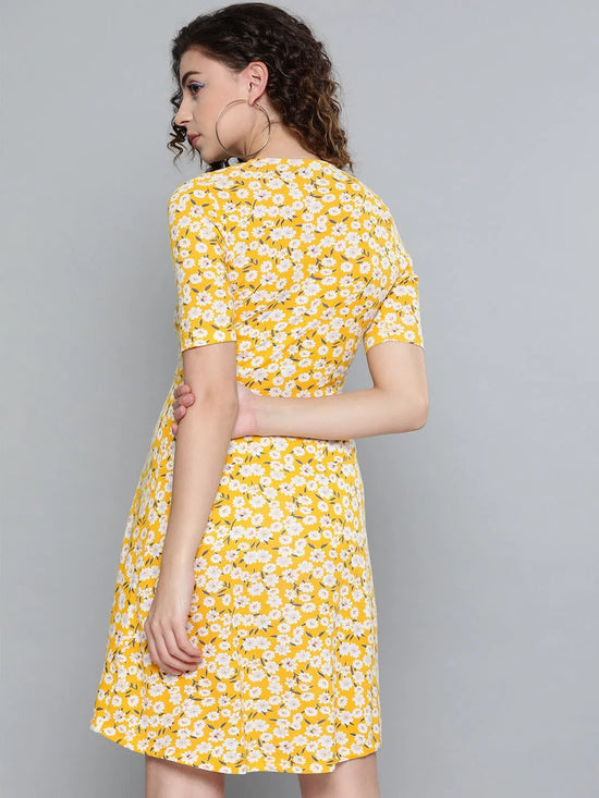 Yellow Ditsy Floral Wrap Skater Dress