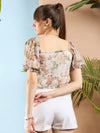 Women Beige Floral Chiffon Puff Sleeves Top