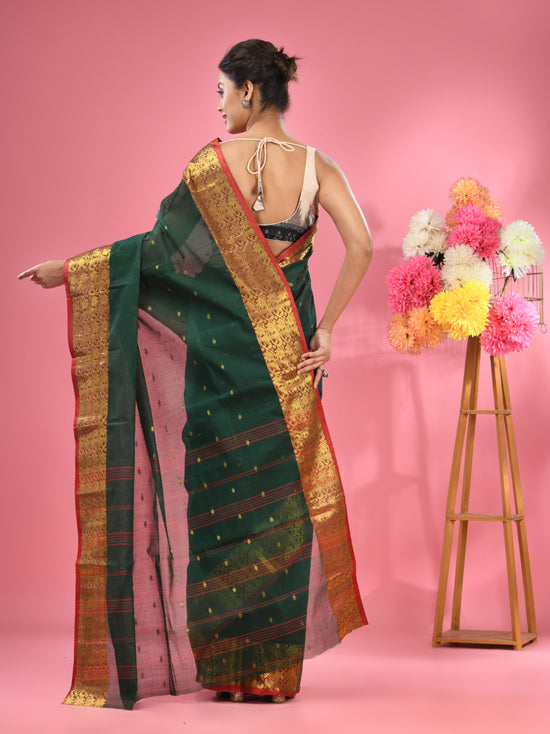 Dark Green Pure Cotton Tant Saree With Zari Border-MA51TT43490091