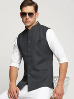 Men Charcoal Mandarin Collar Solid Nehru Jacket-AK-12527-20-Charcoal