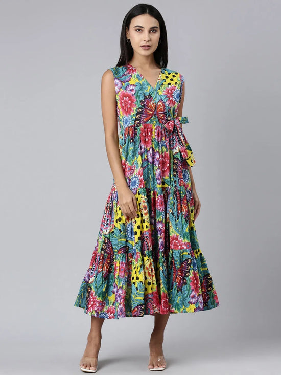 Women Multi Floral A-Line Dress-ON-0049-Multi