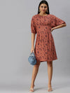 Women's A-Line Brown Printed Dress-AE-9892-Brownnavyblue