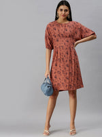 Women's A-Line Brown Printed Dress-AE-9892-Brownnavyblue