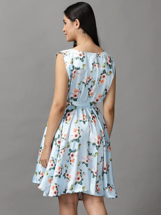 Women's Blue Floral Fit and Flare Dress-AE-15676-Blue