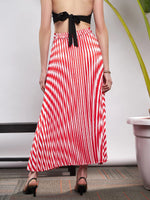 Women Red & White Satin Striped Accordion Pleated Maxi Skirt