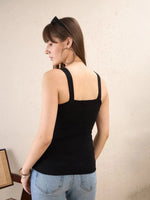 Women Black V-Neck Sleeveless Crochet Top