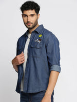 Men Navy Blue Spread Collar Solid Oversized Shirt-SMILEDENIM-4913-Navyblue