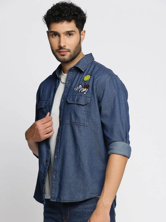 Men Navy Blue Spread Collar Solid Oversized Shirt-SMILEDENIM-4913-Navyblue