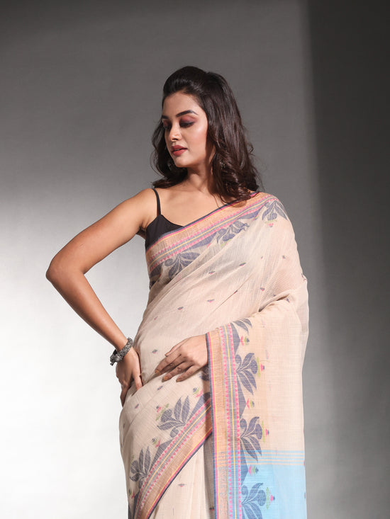 Ecru Cotton Soft Saree With Temple Border And Woven Designs-MA54BCT04660054