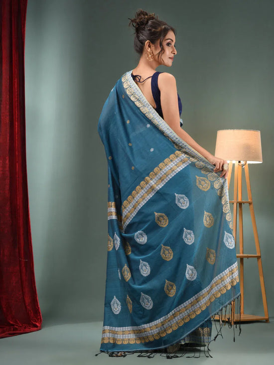 Yale Blue Cotton Handwoven Saree With Woven Designs-MA50CT061410089