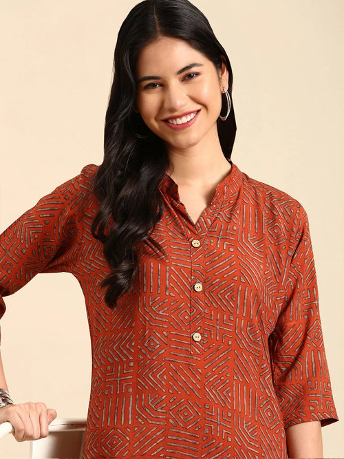 Women's Orange Printed Straight Kurta-GW-500-T-Rust