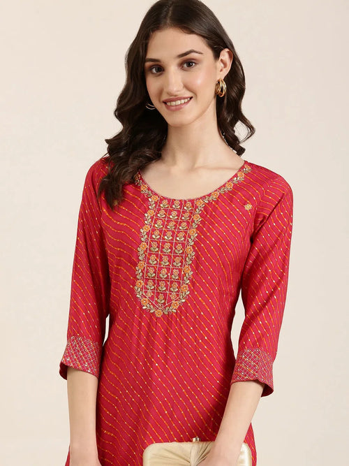 Women Fuchsia Striped Straight Kurta-AT-942-K-Fuchsia